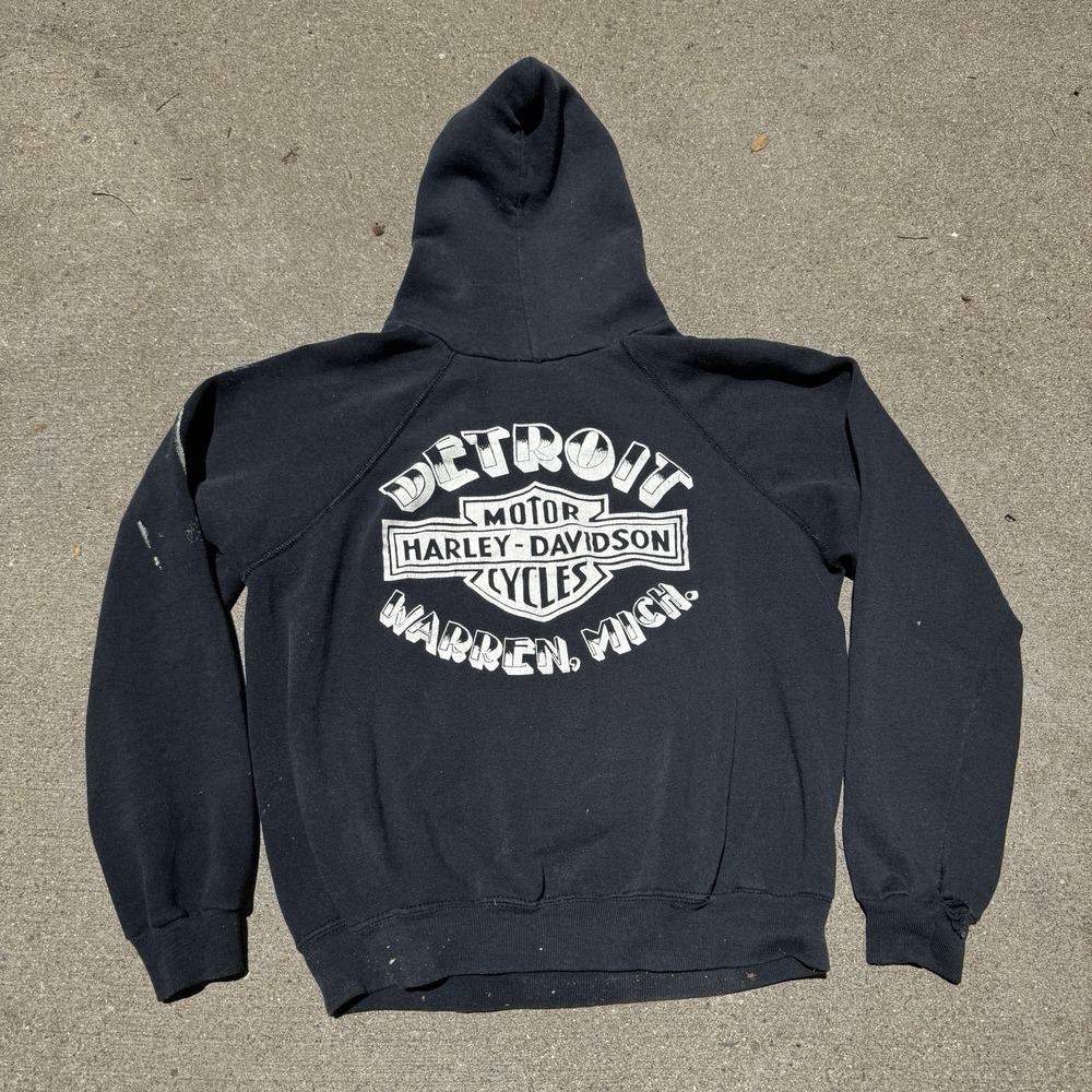 Vintage 80s Harley Davidson Hoodie Sweatshirt Medium Black Detroit Distressed - Picture 3 of 12